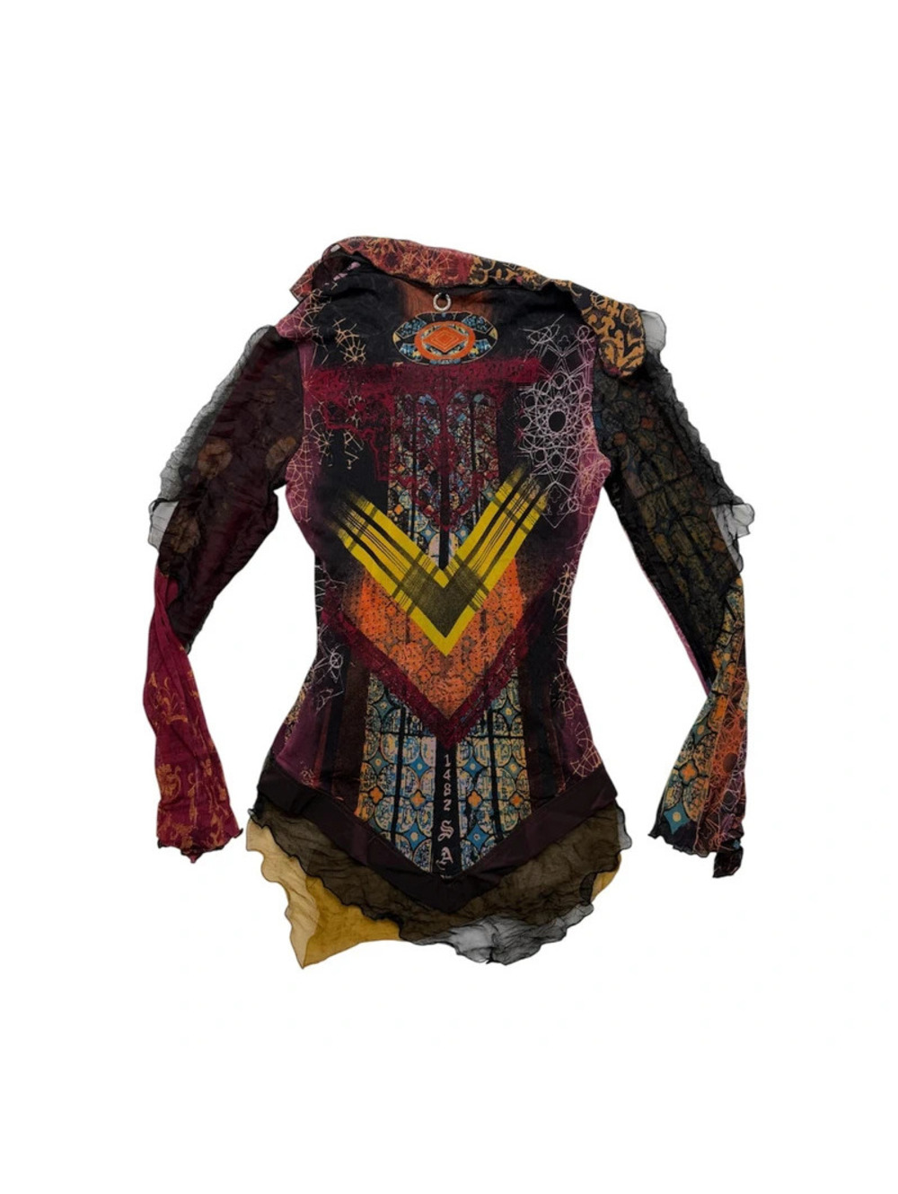 Save the Queen Vintage Gothic Stained Glass Patchwork Shirt Y2K Mesh Ruffle Hem - Picture 4 of 10
